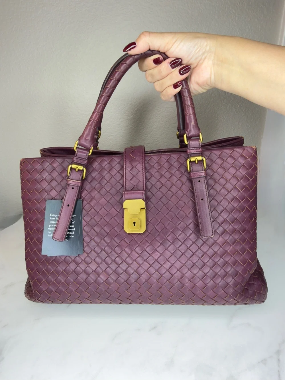 Bottega Veneta Large Roma Intrecciato Gold Wine Burgundy Suede Leather Bag + COA